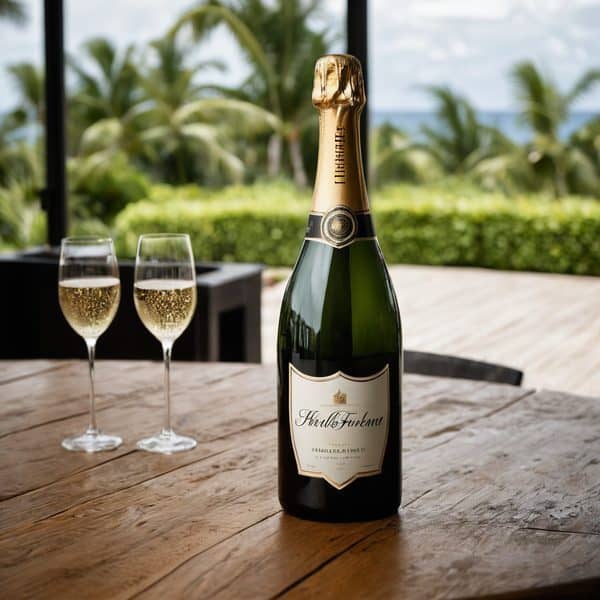 Champagne bottle with two glasses on a wooden table, tropical outdoor background.