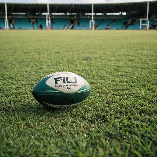 Rugby ball with Fiji logo on a lush green field at a stadium.