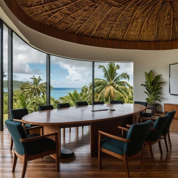 Modern conference room with large windows overlooking tropical scenery.