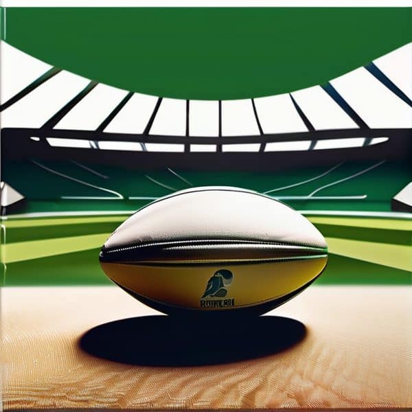 Rugby ball placed on the field inside a stadium, ready for a match.