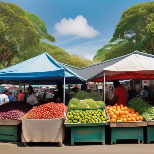 Fiji fruit market with colorful produce under tents, vibrant trees, and a clear sky.