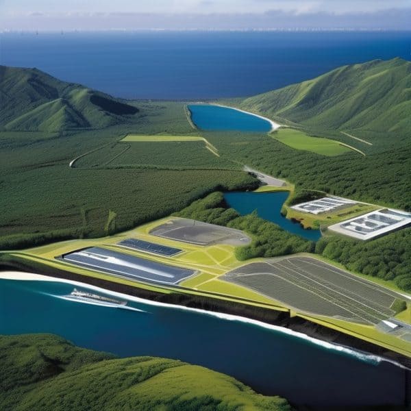 Hydropower facility surrounded by lush green hills and water reservoirs in Fiji.
