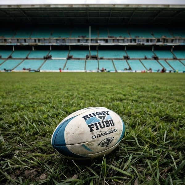 Fiji rugby stadium with rugby ball on the field.