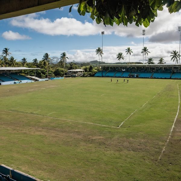 Fiji cricket stadium with palm trees and blue sky, tropical sports venue.