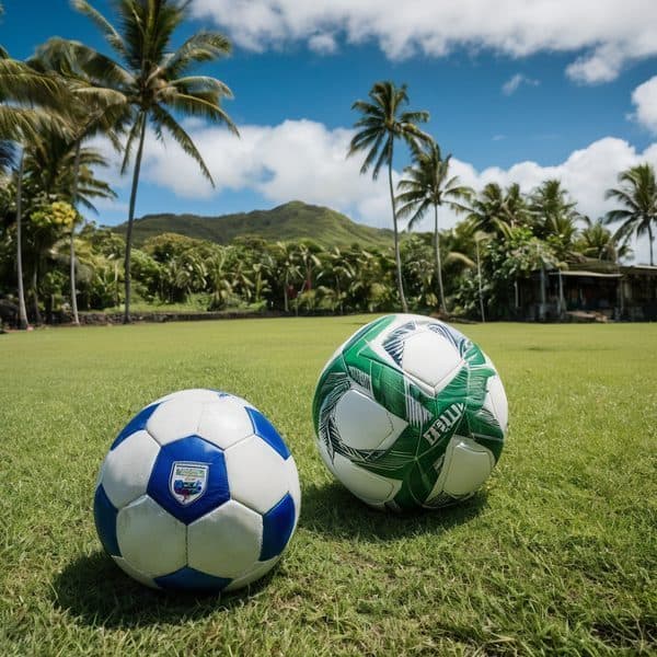 Two soccer balls on a lush green field with palm trees and mountains in the background.
