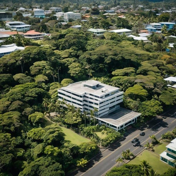 Modern white office building surrounded by tropical trees in Fiji.