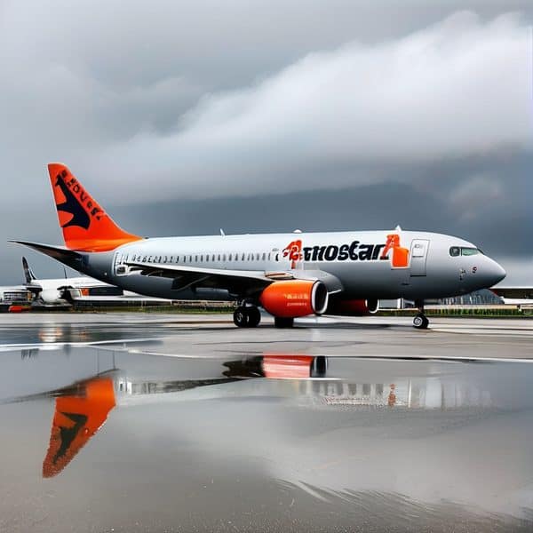 Modern aircraft with Fiji Airways branding on wet tarmac.