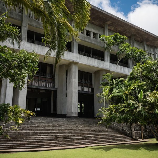 Modern concrete building surrounded by lush tropical greenery in Fiji.