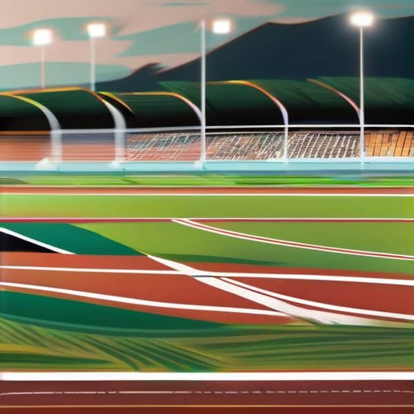 Night view of a modern outdoor track and field stadium with bright lighting.