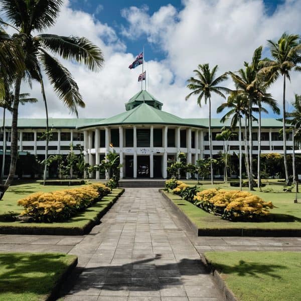Iconic Fiji government building surrounded by palm trees and lush gardens.