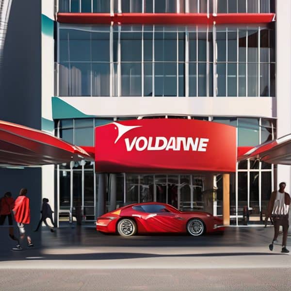 Modern office building with Voldane sign and red sports car in front.