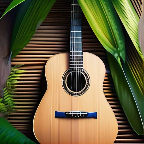 Acoustic guitar surrounded by lush green tropical leaves, creating a vibrant and natural setting. Pe.