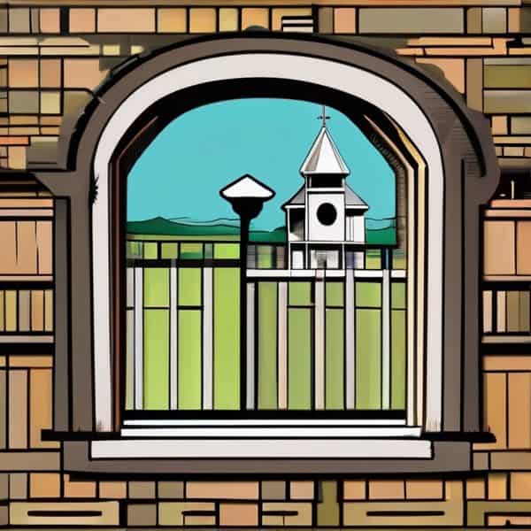 View of a church through a window with a fence and landscape.