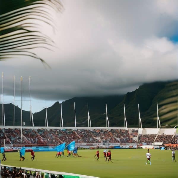 Stadium with football players and spectators under cloudy sky.