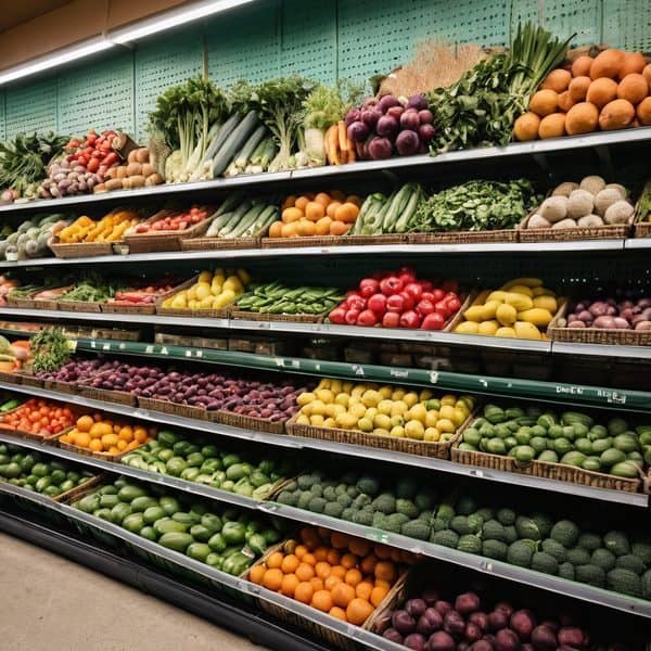 Fresh fruits and vegetables display in a supermarket produce section.
