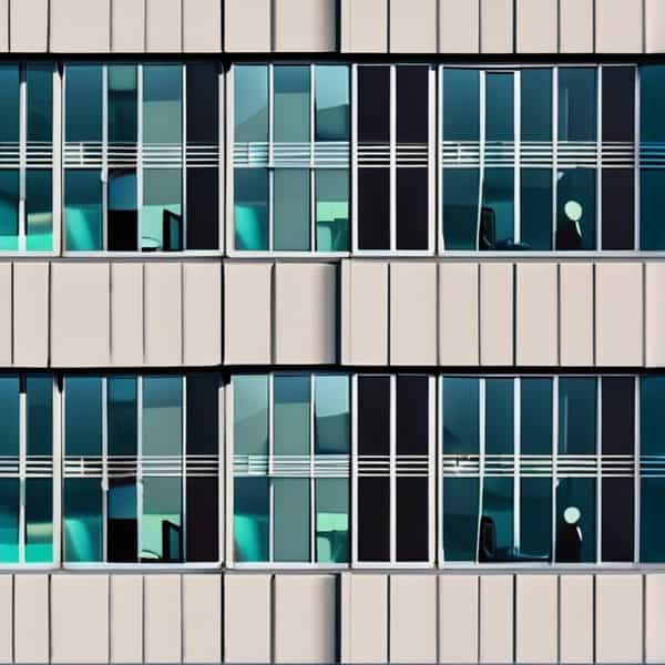 Office building facade with glass windows and reflections, showcasing modern architecture.