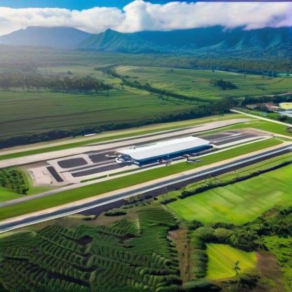Airport terminal and runway in lush green landscape.