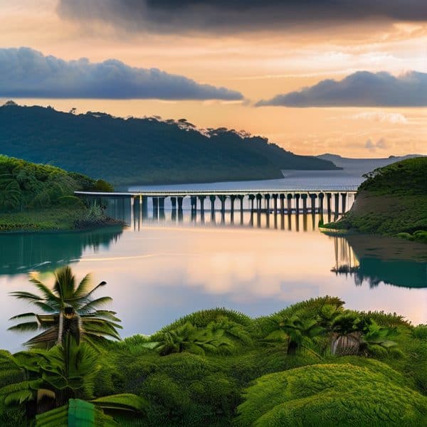 Beautiful Fiji landscape featuring a bridge over calm water at sunset.