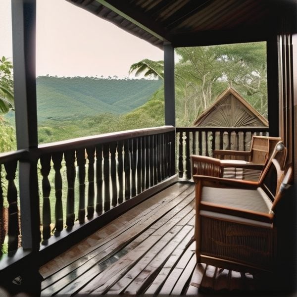 Balcony overlooking lush green mountains in Fiji with wooden chairs.