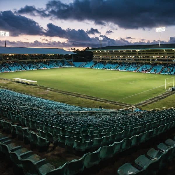 Empty Fiji stadium during evening with floodlights on and cloudy sky.