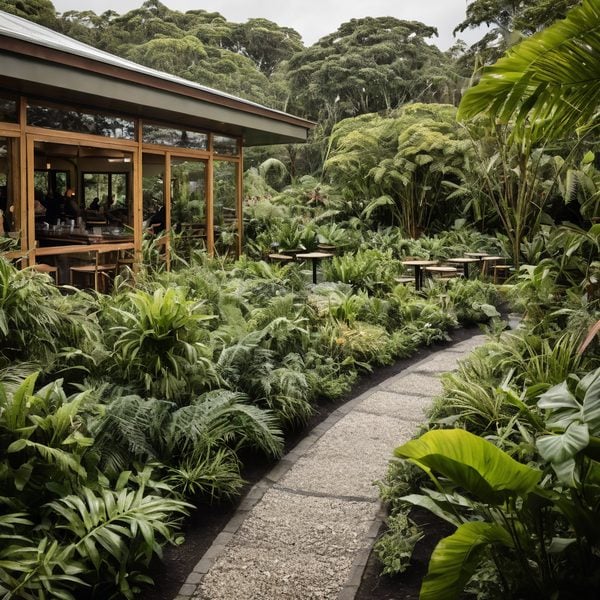 Serene tropical garden pathway with lush greenery and outdoor seating.