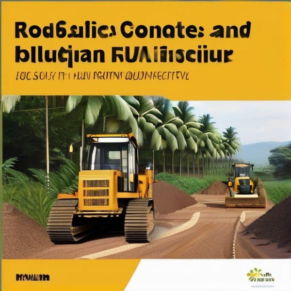 Construction machinery working on a dirt road in a lush tropical environment.