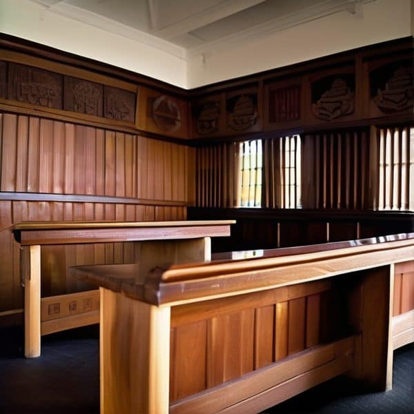 Traditional Fijian courtroom with wooden benches and carvings.