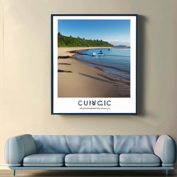 Beach scene with boat and greenery, Fiji island landscape.