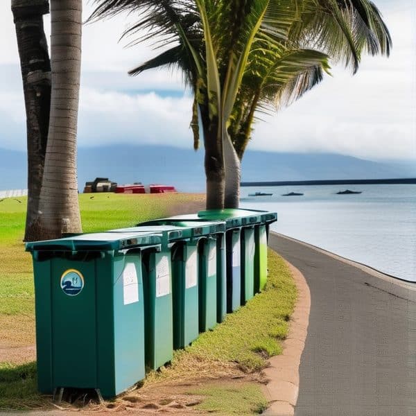 Fiji recycling bins along the waterfront with palm trees and ocean view.