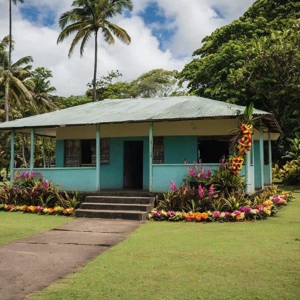 Traditional Fiji house surrounded by lush tropical garden and vibrant flowers.