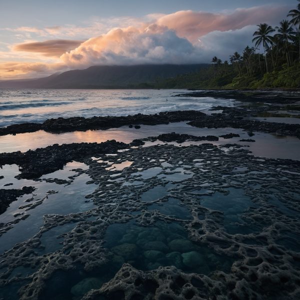Scenic Fijian beach with volcanic rocks, palm trees, and sunset sky.