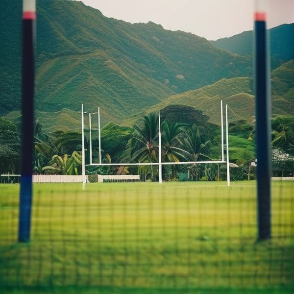 Rugby goalposts on a field with lush green mountains and palm trees in the background.