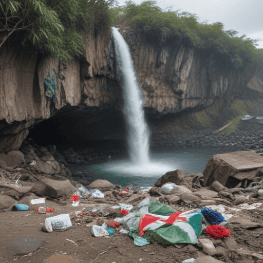 Illustration of Locals leave rubbish near waterfall