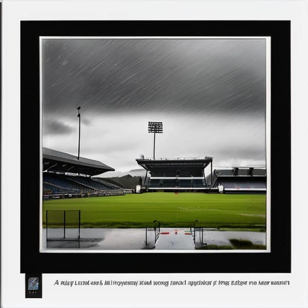 View of a rainy stadium with empty seats and floodlights in Fiji.