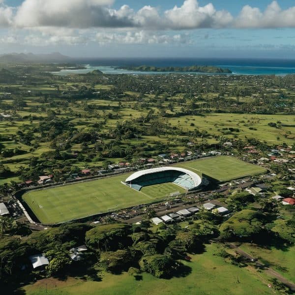 Aerial view of Fiji Sports Stadium with lush green fields and surrounding residential area.