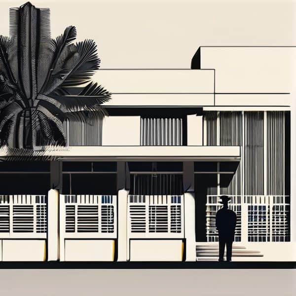 Modern architectural building with a person and palm tree in black and white.