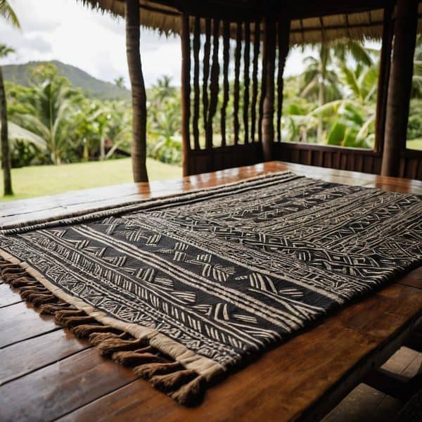 Fijian woven mat displayed on a wooden table in a tropical outdoor setting with lush greenery.