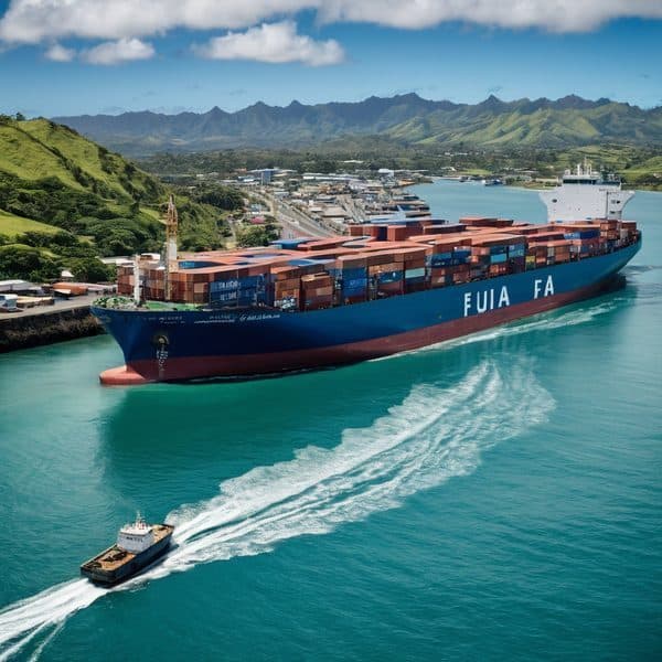 Cargo ship navigating through Fijian harbor with containers onboard.