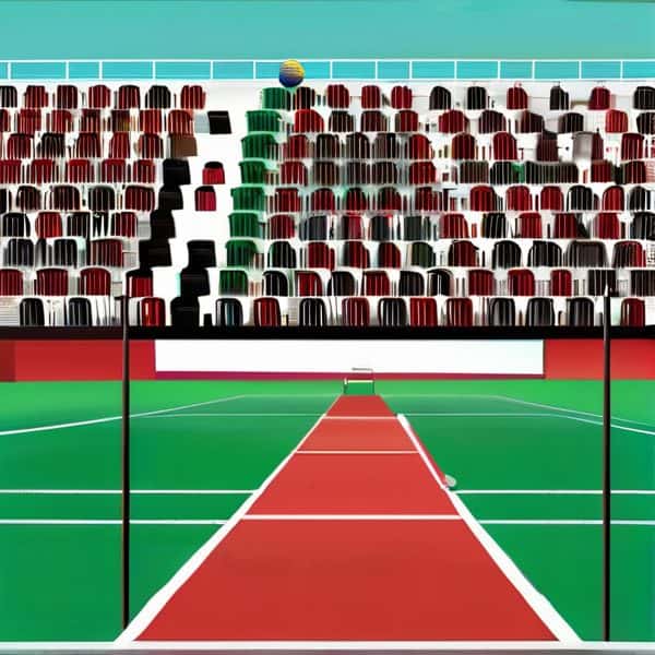 Volleyball court with colorful seating and a ball in the air, ready for a match at Fiji sports stadi.