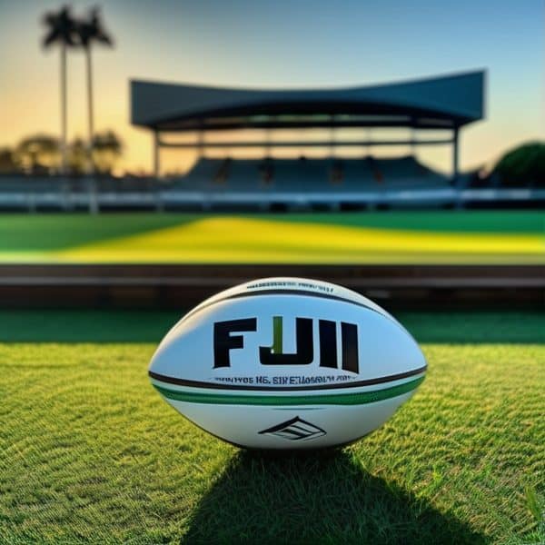 Rugby ball with Fiji logo on a sports field during sunset.