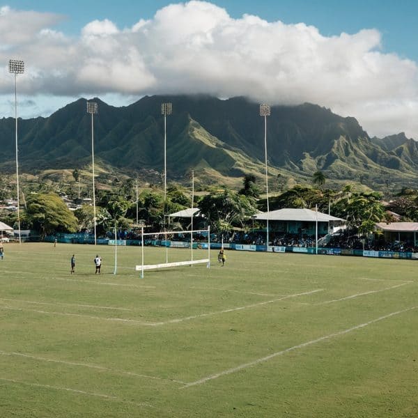 Fiji rugby stadium with lush mountain scenery and players practicing on the field.