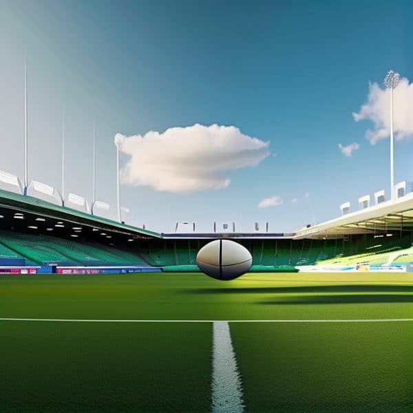Rugby ball on a stadium field under a blue sky with clouds, ready for a match.