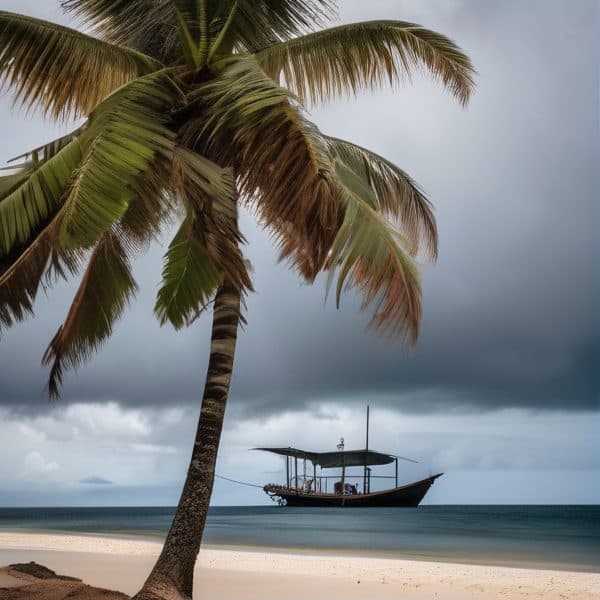 Scenic tropical beach with palm tree and boat under cloudy sky.