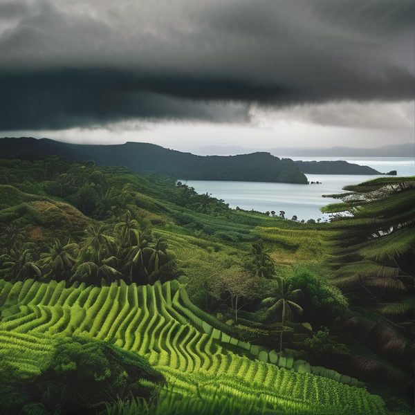 Lush green rice terraces and tropical landscape in Fiji under dark storm clouds.
