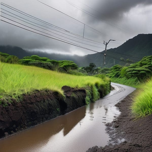 Scenic view of lush green hills and winding rainy road in Fiji under cloudy sky.