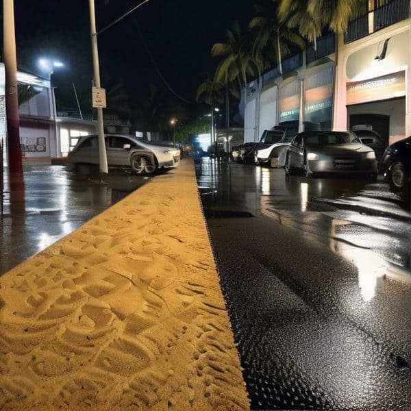 Night street scene with parked cars and wet pavement in Fiji.