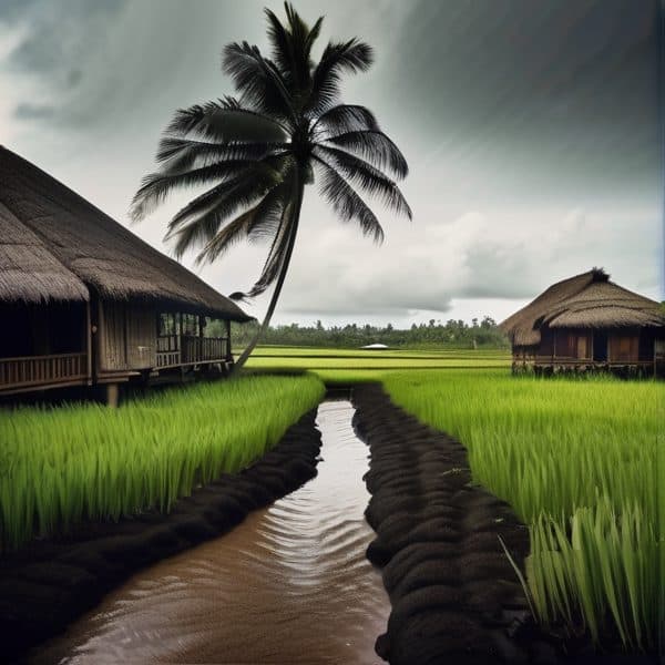 Rice paddies and traditional huts in a tropical setting, with a palm tree and cloudy sky.