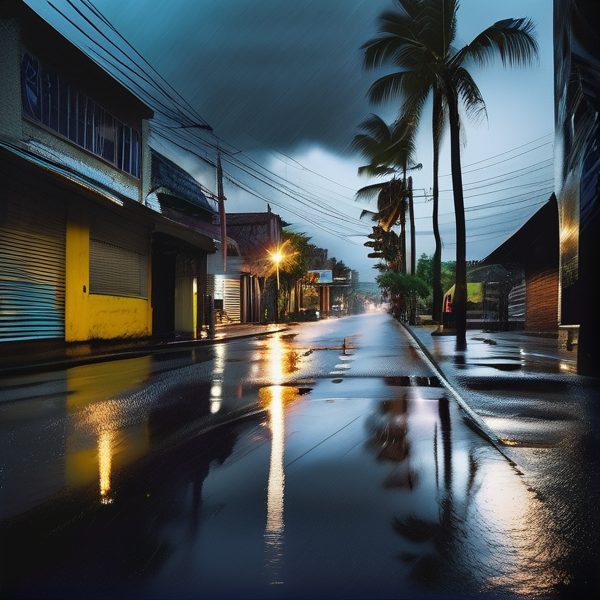 Flooded street during stormy weather with palm trees and closed shops in Fiji.