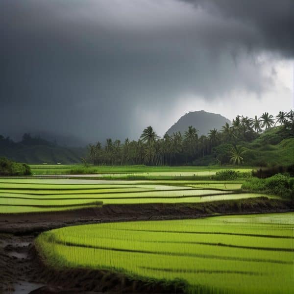 Lush green rice paddies with palm trees under dark storm clouds in Fiji.