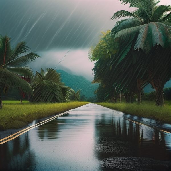 Rainy tropical road with lush palm trees in Fiji, vibrant and scenic.